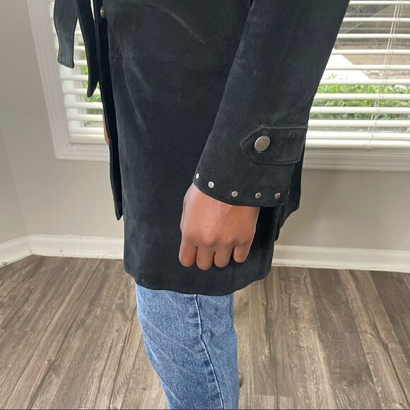 Express Vintage Suede Leather Studded Belted Trench Coat Jacket - Picture 9 of 10